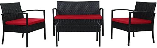 Incadozo 4-Piece All-Weather Wicker Patio Seating Set with Red Cushion, Black