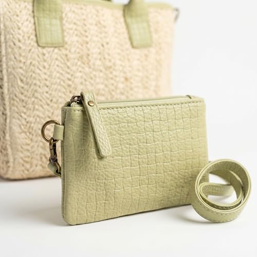 Women's Summer Bag – Raffia Bag with Green Details – Wicker Bag – Matching Purse – Beach Basket with Zip (Green)