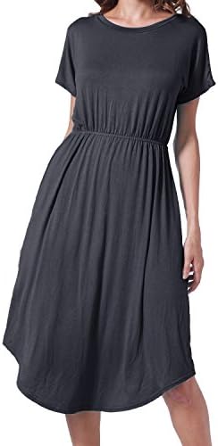 Succlace Womens Summer Short Sleeve Pocket Loose Swing Casual Midi Dress Black S