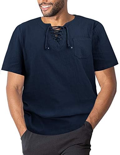 Oyamiki Mens Casual Short Sleeve Henley Shirt Cotton Linen Hippie Summer Solid Beach Yoga Top