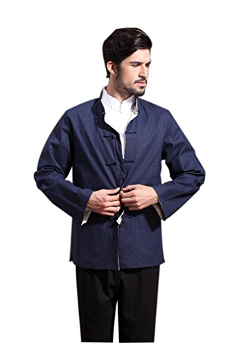 Mens Chinese Kung Fu Long Sleeve Flax Tang Jacket Double Sided Blue Beige
