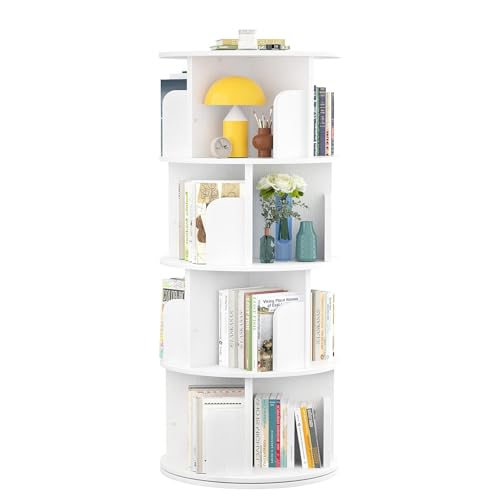 White Rotating Bookshelf, 360 Display Spinning Standing Bookcase Storage Rack, Wood Narrow Corner Book Shelf Organizer for Bedroom, Living Room, 4 Tier 40 * 40 * 126cm