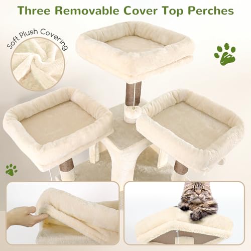 Globlazer Large Beige Cat Tree XXL Height 204 cm with 3 Padded Perches, 2 Kennels, 2 Baskets, Hammock, Stable Cat Tower for 3-5 Adult Cats Rest Play Scratching (F80, Beige)