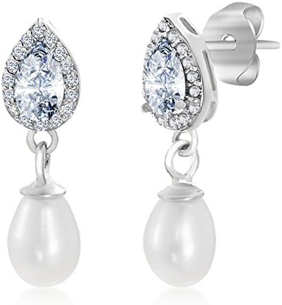 Sterling Silver Created Blue Opal Freshwater Pearl Teardrop Cubic Zironica Fancy Post Earring (Oval Freshwater Pearl/Silver)