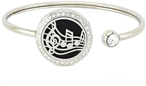 Efantina 25mm Music Pattern Aromatherapy Essential Oils Diffuser locket Bracelet Jewelry for women girls, Adjustable 316L Stainless steel Turn-Cuff Bangle with Crystal and free felt pads