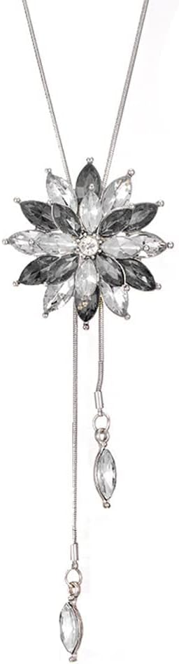 TOFBS Rhinestone Floral Pendant Long Necklace for Women Sweater Chain Statement Necklace Choker Adjustable Elegant Jewelry Accessories Dressy Collocation Winter Evening Party Wedding (Grey)