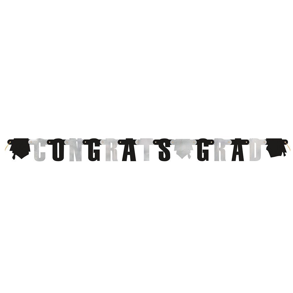 Large Classic Horizontal Congrats Graduate Graduation Wall Banner & Photo Prop Backdrop Party Decoration, Black/Silver, 4.5 Feet