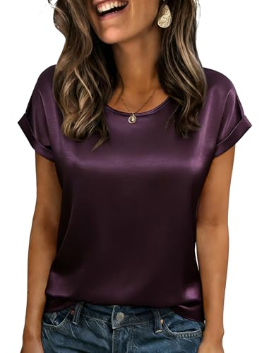 Rioofinx Satin Shirts for Women Dressy Short Sleeve Shirts Crewneck Business Work Shirts Womens Summer Clothing Purple S at Amazon