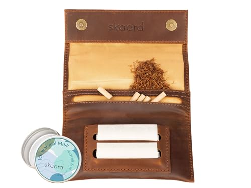 skaard Brown Genuine Leather Magnetic Tobacco Pouch with Extra Pocket