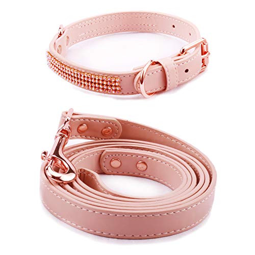 YIHATA Dog Leash and Collar Set Luxury Leather Running Dogs and Leashes and Collars Sets, Adjustable Collar with Matching Leash Zinc Alloy Clasp, Idea for Small Medium Dogs, Pets(Pink)