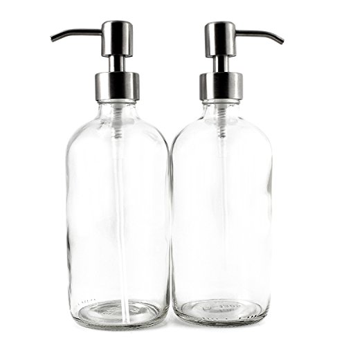 16oz Clear Glass Boston Round Bottles with Stainless Steel Pumps (2 pack), Great for Essential Oils, Lotions, Liquid Soaps