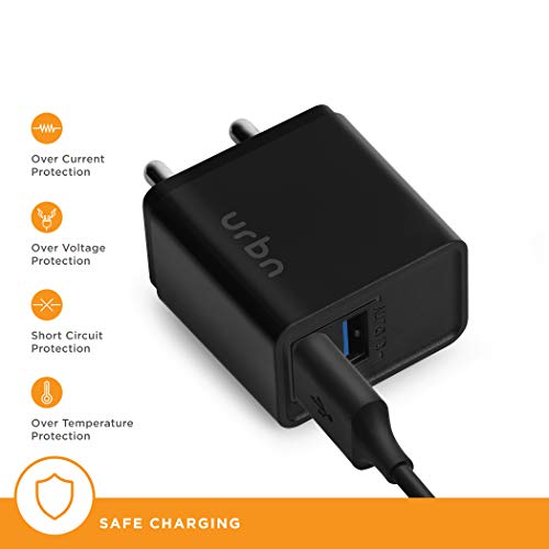 URBN 3.1Amp Dual Port Smart Charge Wall Adapter with 3 feet Fast Charging Type-C Cable Included - (Black)