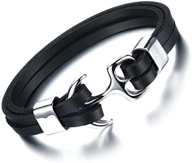 Classic Handmade Black Cowhide Bracelet for Men Anchor Charm as Clasps