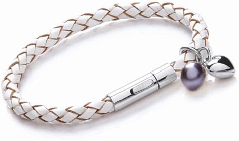Tribal Steel Women's White Leather Charm Bracelet with Freshwater Pearl - Extra Secure Riveted Lever Clasp
