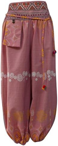 Bonya Women's Bohemian Tribal Cotton Printed Elastic Waist Pants (Pink1)