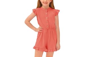 BesserBay Girl's Summer Ruffled Flutter-Sleeve Jumpsuit Button Down Crewneck Romper 5-14 Years