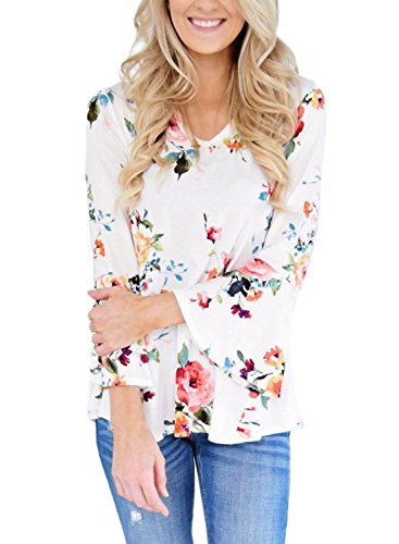 Ebbizt Womens Casual Ladies Long Bell Sleeve V Neck Floral Printed Blouse Top T shirts White Small