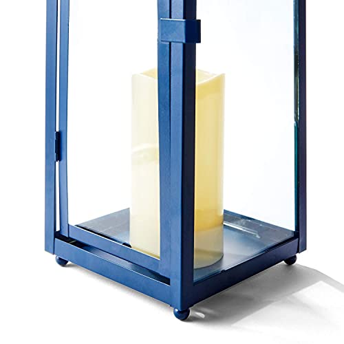 Blue Outdoor Candle Lantern 15 Inch Tall, Solar Powered, Navy Metal with Glass, Waterproof