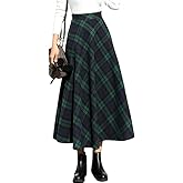 IDEALSANXUN Womens Plaid Wool Skirts Elastic Waist A-Line Pleated Tartan Long Skirts