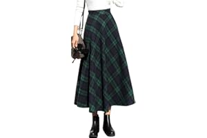 IDEALSANXUN Womens Plaid Wool Skirts Elastic Waist A-Line Pleated Tartan Long Skirts