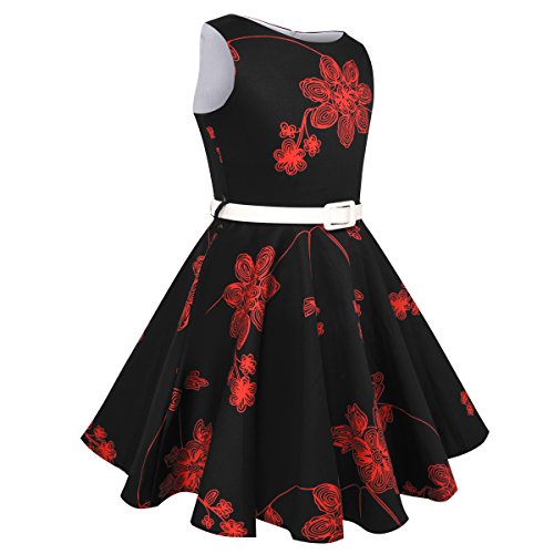 Girls Vintage Swing Dress with Belt Audrey Hepburn 1950s Style (Red Floral,Size 5-6)