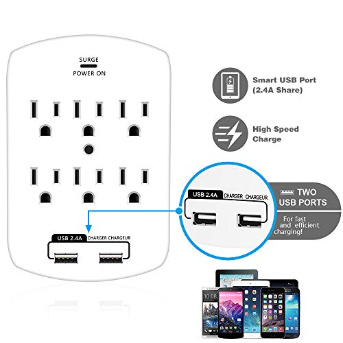 Wall-Mount Power Outlet, Kasonic 6 AC Socket Surge Protector with 2.4 Amp Dual USB Charging Station; Grounding and Protection Indicator for Home, Office, UL Certified (2 Pack)