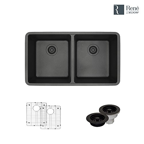 R3-1002-CAR-ST-CGF Carbon Equal Double Bowl Quartz Granite Kitchen Sink with Two Grids and Matching Colored Strainer and Flange