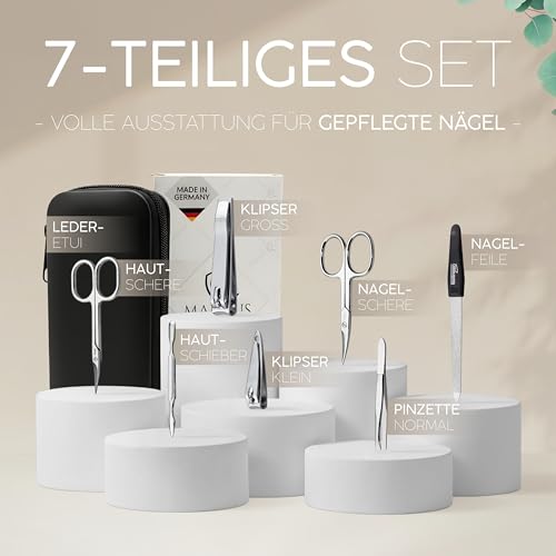 Solingen Manicure Set – Comparison Winner – Genuine Leather Case Handy and Soft – 7 Piece Complete Set for Men and Women marQus Made of Shiny Nickel-Plated Polished Steel