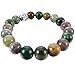 INBLUE Women,Men's 10mm 12mm Alloy Energy Bracelet Link Wrist Energy Stone Green Silver Tone Simulated Indian Agate Buddha Mala Bead Elastic