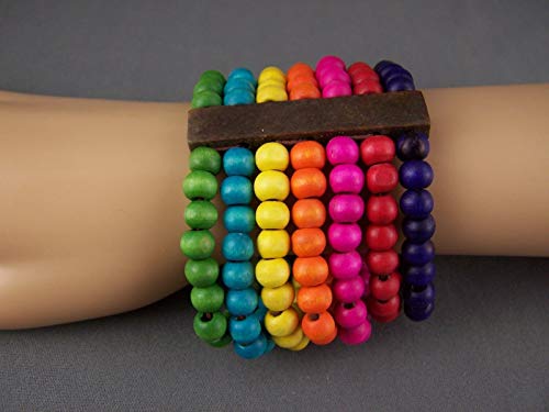 Colorful wood wooden rainbow beaded 2.25 wide stretch bracelet