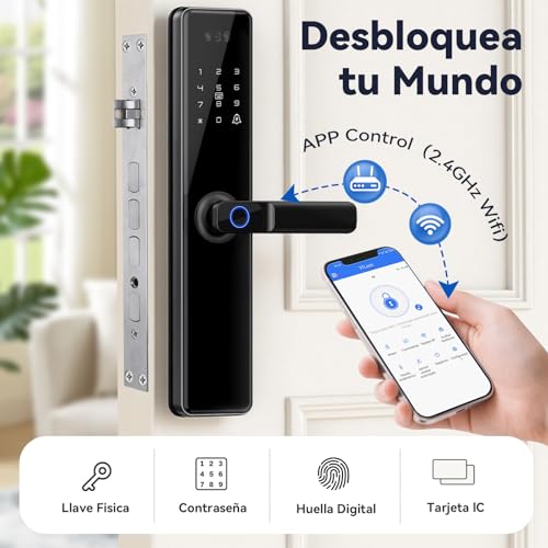 LOKOOY Cerradura Inteligente Q6 WIFI, Alarma Anti-forzamiento, SIN NECESIDAD DE PUERTA DE ENLACE, 6 Métodos de Apertura, TTLOCK WIFI App/App Bluetooth/Huella Digital/Tarjeta IC/Contraseña/Llave Física
