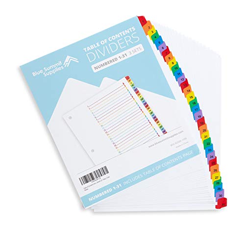 Blue Summit Supplies 31 Tab Binder Dividers for 3 Ring Binder, Day of