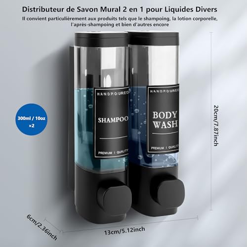 MEKOTRIN Wall Mounted Soap Dispenser, Shower Gel Dispenser, Double Shampoo and Conditioner Dispenser without Drilling ABS for Bathroom, Kitchen, Market, Hotel, Restaurant 300 ml x 2 (Black)