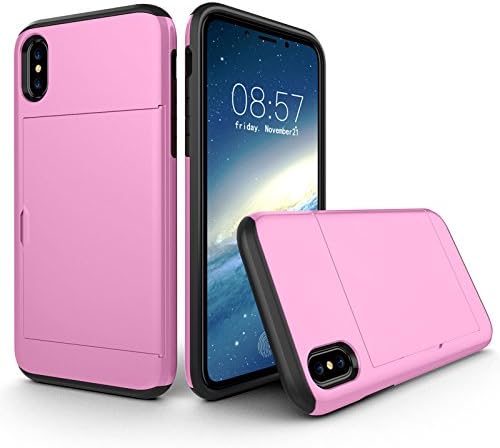 IPhone X slim Dual Layer card slot holder case + Ultra &amp; crystal clear, Shatter proof, Scratch free Tempered glass (Pink)