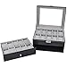 Watch Box Black Leather Display Glass Top Jewelry Case Organizer, 20 Grid