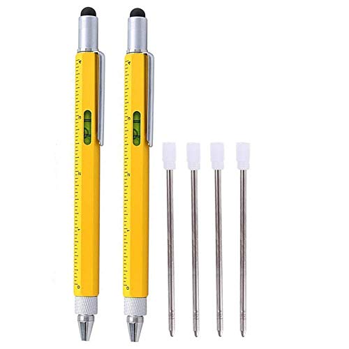 Shulaner 6 in 1 Multifunction Tech Tool Ballpoint Pen with Ruler Level Stylus and Two-head Screwdriver Gift for Men, Yellow, 2 Pack