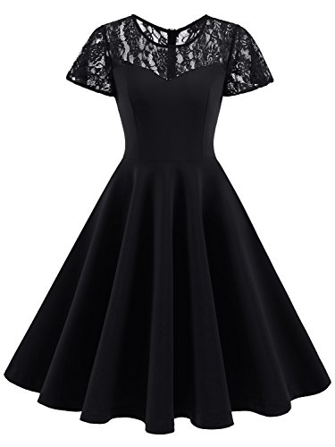 IVNIS Women's Vintage 1950s Short Sleeve A-Line Cocktail Party Swing Dress With Floral Lace