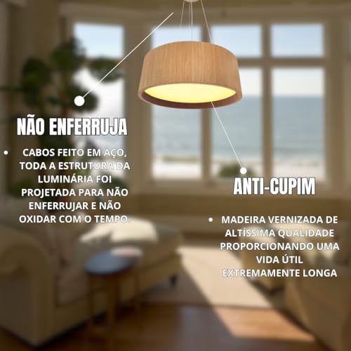 DSMIX RJ Lustre Pendente Redondo 40cm Madeira Freijó com 4 Bocais E27 Bivolt – Luminária Moderna para Sala, Cozinha e Área Gourmet