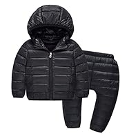 ZIYOYOR 2 Piece Kids Lightweight Hooded Down Jacket Snowsuit with Ski Pants Set (5-6T, Black)