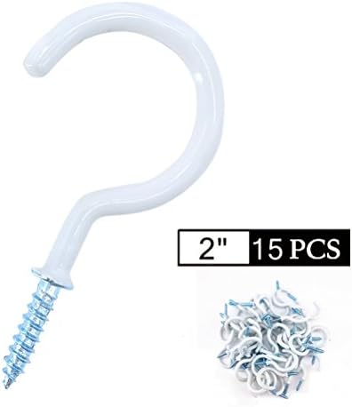 2 Inch Screw In Hooks Vinyl Coated Cup Hooks ,Alwaysdecor Ceiling Hooks 15pcs for Indoor&amp;Outdoor (White)