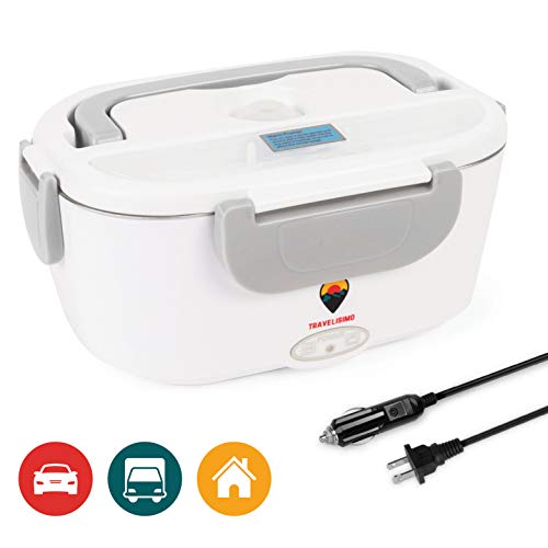 Electric Lunch Box 2 in 1 for Car/Truck and Work 110V & 12V 40W - Stainless Steel Portable Food Warmer Heater 1.5L - Spoon and 2 Compartments Included