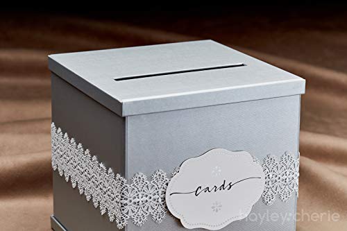 Hayley Cherie - Silver Gift Card Box with White Lace and Cards Label - Silver Textured Finish - Perfect for Weddings, Baby Showers, Birthdays, Graduations - Large Size 10" x 10"