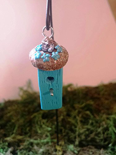 Fairy garden miniature bird house. Turquoise blue. Fairy garden accessories, terrarium dÃ©cor. With butterfly and flowers.