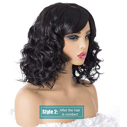 Summer Style Short Curly Wigs For Black Women, Upgrade Of Womens Black Wigs With Bangs (Black)