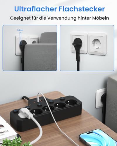 5-Fach Steckdosenleiste Flachstecker, Mehrfachsteckdose mit USB C PD20W
