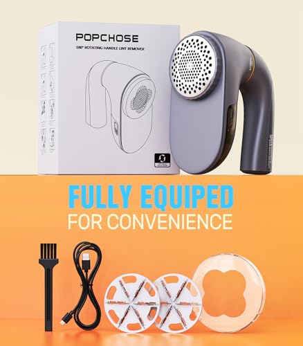 POPCHOSE Fabric Shaver, Lint Remover for Clothes, Lint Shaver with 6-Leaf Blades, 2 Speed Sweater Shavers to Remove Pilling for Clothing, Couch, Furniture, Fuzz, USB Rechargeble, Gray…