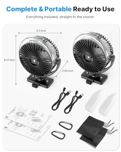 BOYISEN 2-Pack Golf Cart Fan with Mister, 2x Magnets & Secure Strap, 12000mAh Battery Operated Misting Fan with 4 Speeds, LED, Timer, Ideal for EZGO Club Car Yamaha, Golf Cart, Cruise Ship Accessories