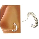 20g Sterling Silver L Shaped Hoop Black CZ Crystals Nose Rings (Silver with Clear Crystal)