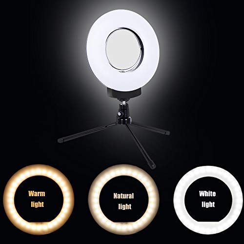 8" Dimmable Ring Light Selfie Live Stream Continuous Output Lighting Adjust Stick Stand 4" Mirror&Phone Holder for Makeup Photography LED Ring Lamp Outdoor Camera Photo Video 3 Color Lighting Mode Kit