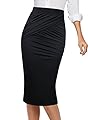 VFSHOW Womens Elegant Ruched High Waist Work Casual Pencil Midi Skirt